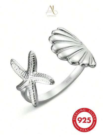 S925 Sterling Silver Starfish & Seashell Open Ring, Ocean Style Design, Lightweight Luxury Versatile Women's Silver Jewelry, Daily Commute Summer Limited Gift, Starfish & Seashell Bring Fresh Summer V