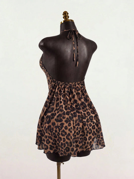 SaltGleam SaltGleam Women's Sexy Leopard Print Backless Halter Mini Dress, Summer