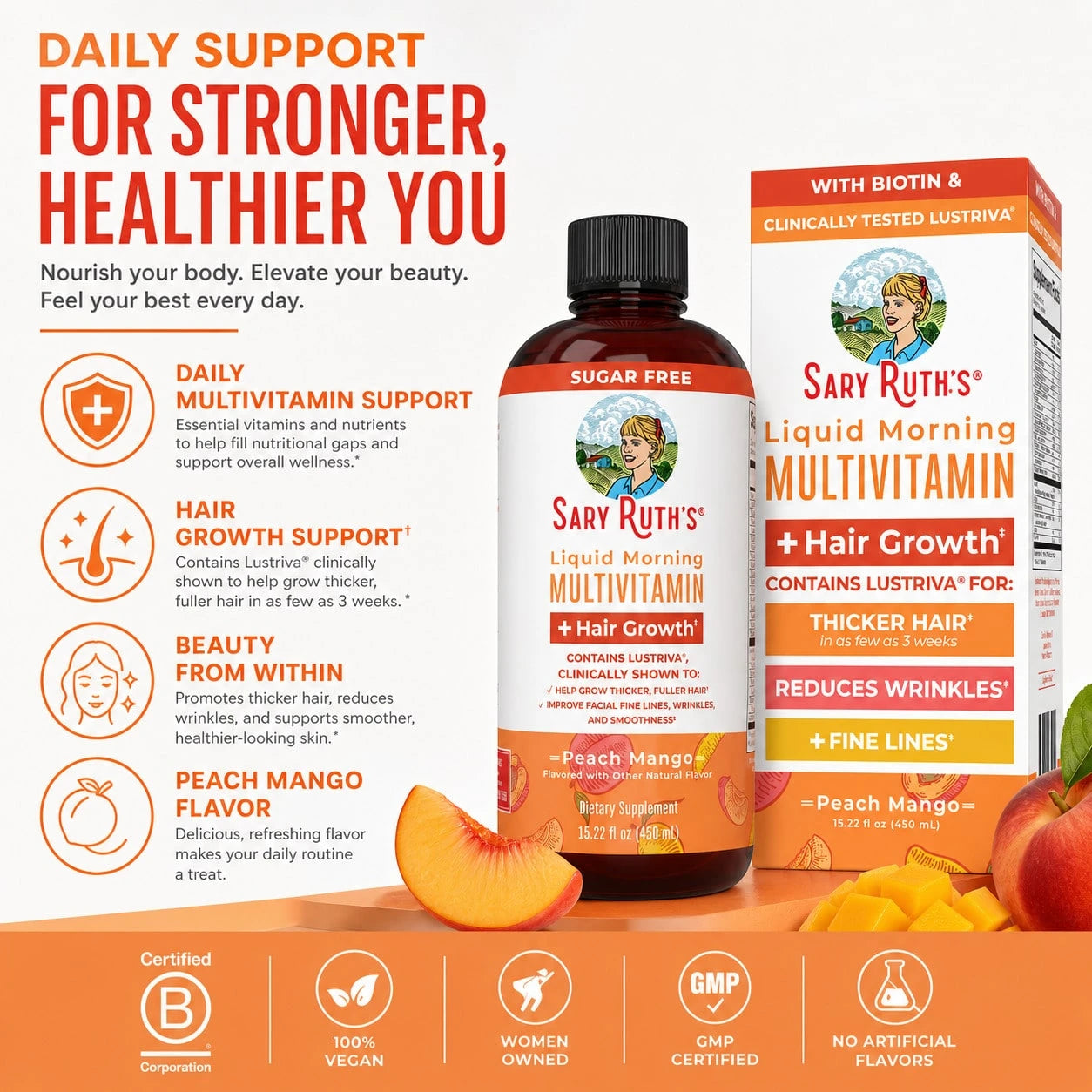 Sary Ruth's Liquid Multivitamin + Hair Growth: Clinically Tested For Thicker Hair & Wrinkle Improvement