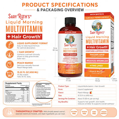 Sary Ruth's Liquid Multivitamin + Hair Growth: Clinically Tested For Thicker Hair & Wrinkle Improvement