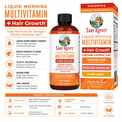 Sary Ruth's Liquid Multivitamin + Hair Growth: Clinically Tested For Thicker Hair & Wrinkle Improvement