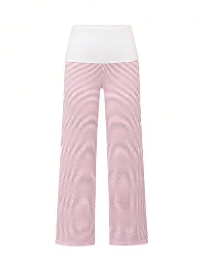 SCARLUX Fall Y2K Women Basic Contrasting Color Striped Wide Leg Pants, Fold Over Waist Loose Trousers For Back To School Daily Casual Street Outfits
