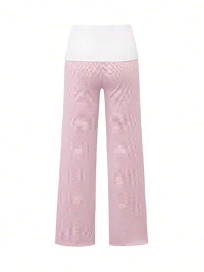 SCARLUX Fall Y2K Women Basic Contrasting Color Striped Wide Leg Pants, Fold Over Waist Loose Trousers For Back To School Daily Casual Street Outfits