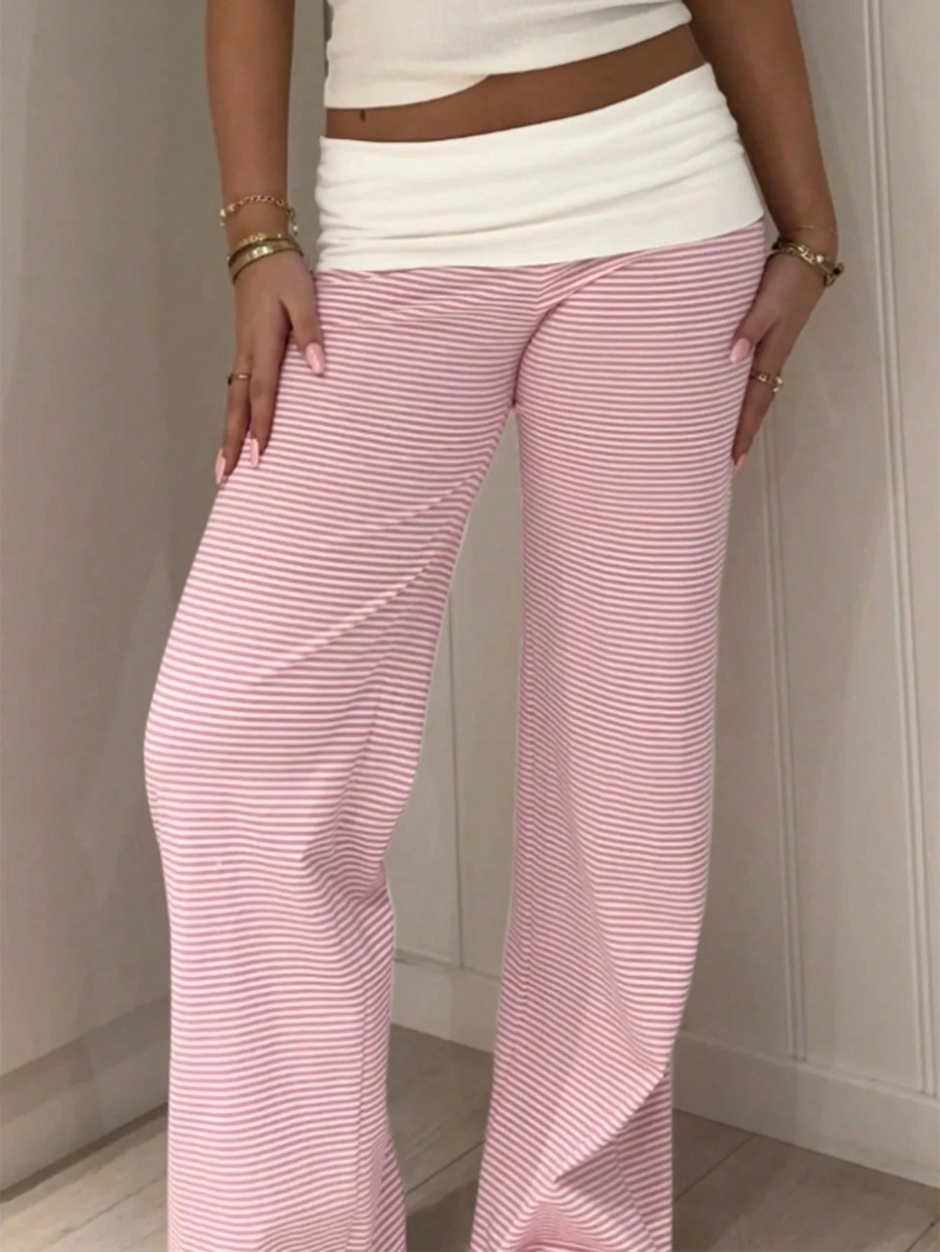 SCARLUX Fall Y2K Women Basic Contrasting Color Striped Wide Leg Pants, Fold Over Waist Loose Trousers For Back To School Daily Casual Street Outfits