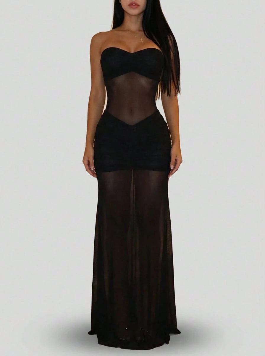 Sedessea Women's Fashionable Elegant Sexy Mesh Patchwork See-Through Slip Dress, Summer