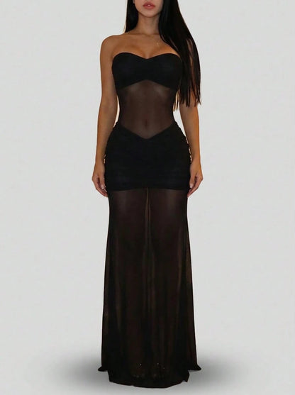 Sedessea Women's Fashionable Elegant Sexy Mesh Patchwork See-Through Slip Dress, Summer