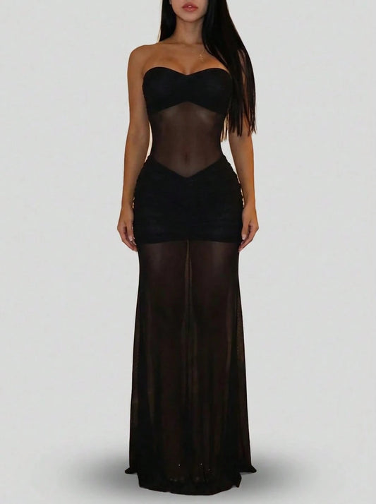 Sedessea Women's Fashionable Elegant Sexy Mesh Patchwork See-Through Slip Dress, Summer