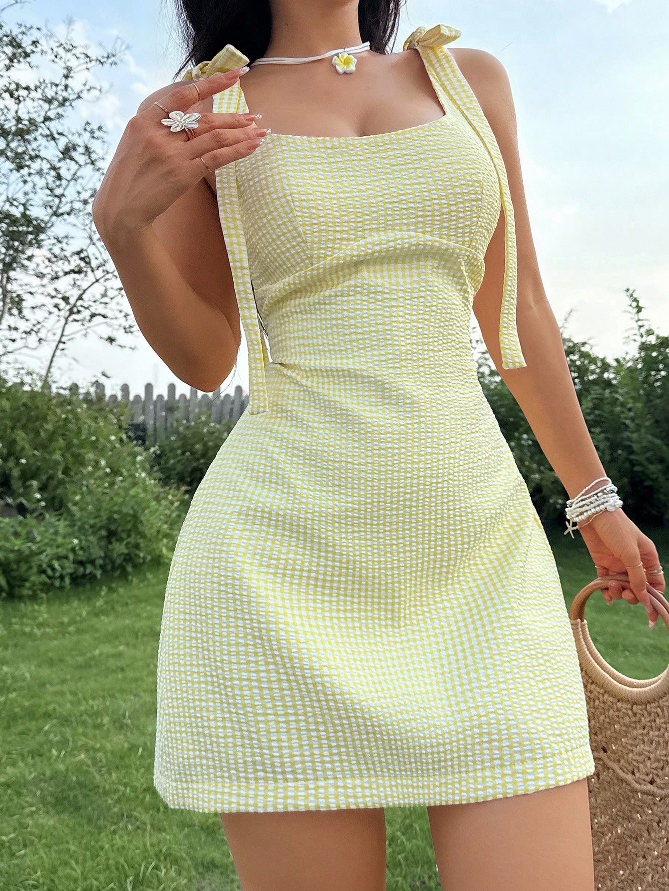Seelio Summer New Arrivals Women's Butterfly Embellished Mini Plaid Dress Elegant Yellow