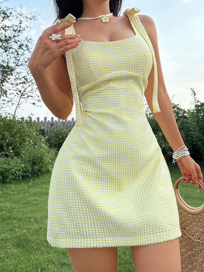 Seelio Summer New Arrivals Women's Butterfly Embellished Mini Plaid Dress Elegant Yellow