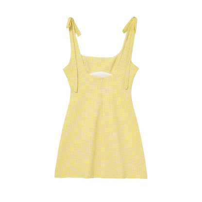 Seelio Summer New Arrivals Women's Butterfly Embellished Mini Plaid Dress Elegant Yellow