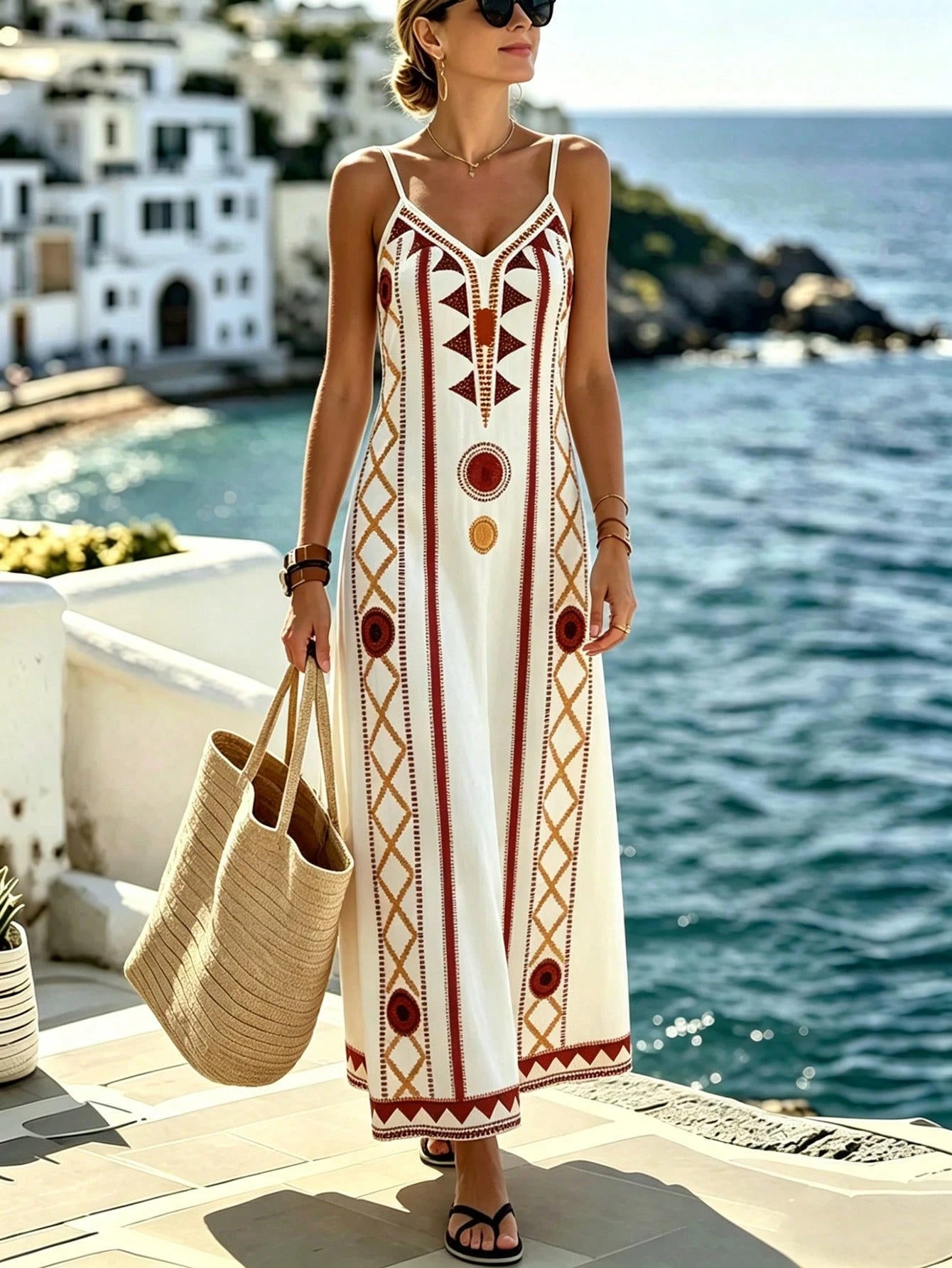 Selamara Women's Geometric Print Casual Spaghetti Strap Dress