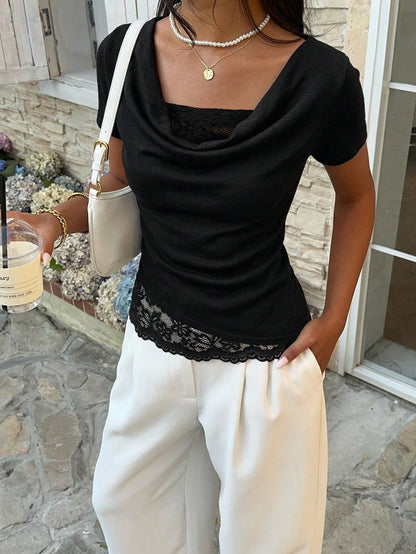 Serisse Women's Elegant Solid Color Lace Patchwork T-Shirt, Summer,Summer Top