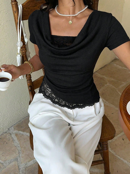 Serisse Women's Elegant Solid Color Lace Patchwork T-Shirt, Summer,Summer Top