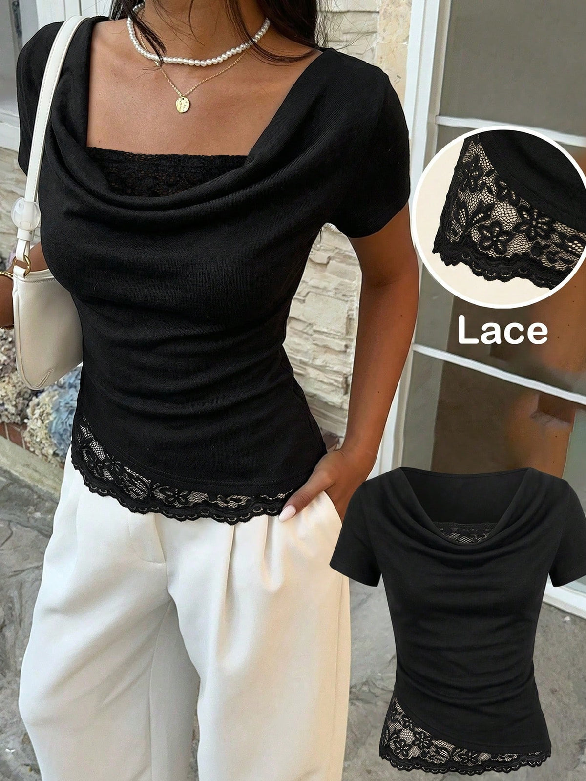 Serisse Women's Elegant Solid Color Lace Patchwork T-Shirt, Summer,Summer Top