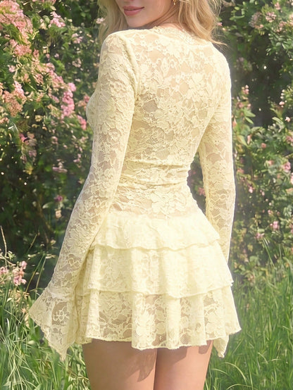 Sexy Lace Bodycon Mini Dress – Elegant V-Neck & Tiered Ruffle Detail, Long Sleeve, Perfect For Night Out, Carnaval Party & Special Occasion