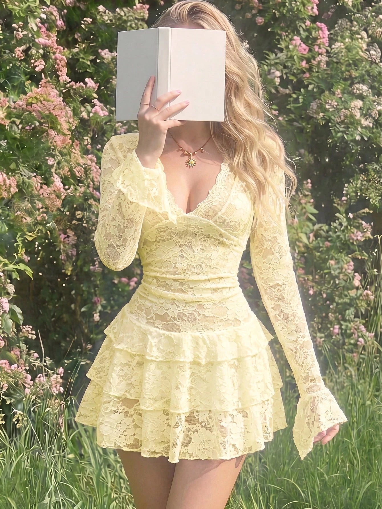 Sexy Lace Bodycon Mini Dress – Elegant V-Neck & Tiered Ruffle Detail, Long Sleeve, Perfect For Night Out, Carnaval Party & Special Occasion