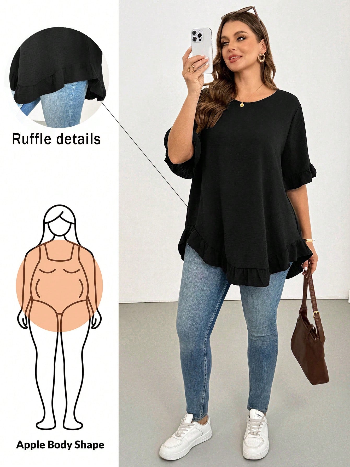 Shapeblank Plus-Size Women's Summer Black Ruffled Short-Sleeved Shirt,Fashionable Casual Loose Comfortable Curve Cute Tops,Smart Casual Everyday Work