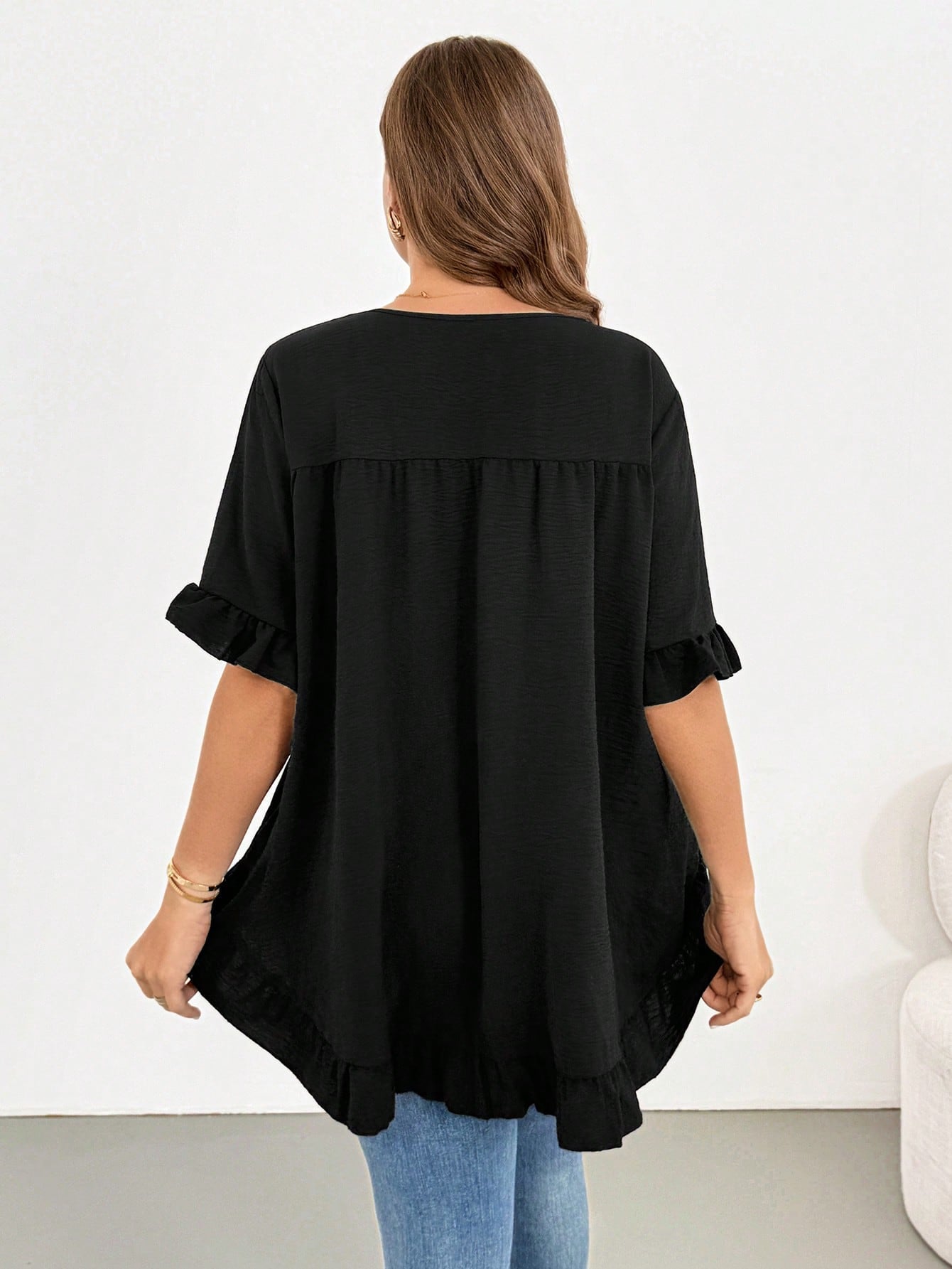 Shapeblank Plus-Size Women's Summer Black Ruffled Short-Sleeved Shirt,Fashionable Casual Loose Comfortable Curve Cute Tops,Smart Casual Everyday Work