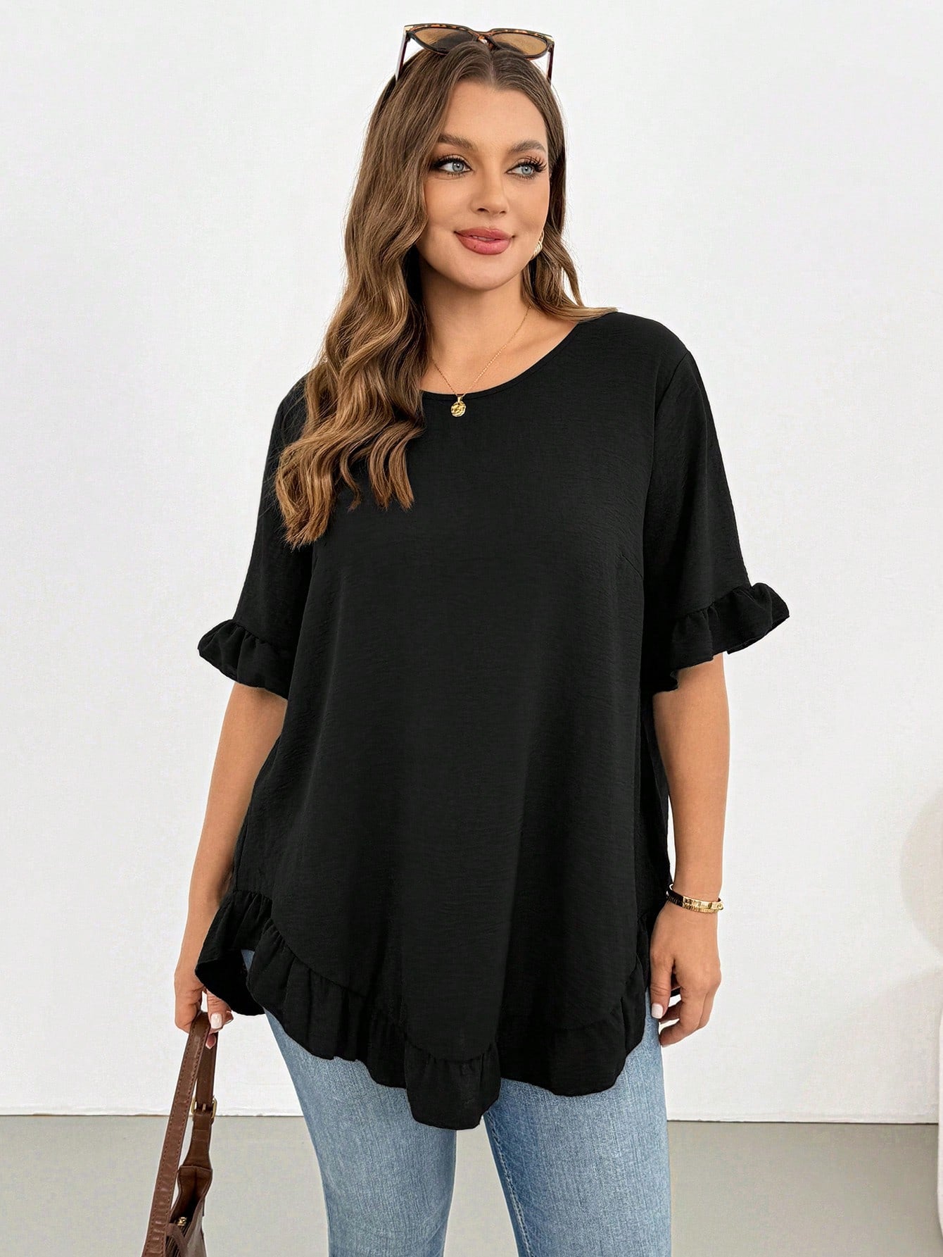 Shapeblank Plus-Size Women's Summer Black Ruffled Short-Sleeved Shirt,Fashionable Casual Loose Comfortable Curve Cute Tops,Smart Casual Everyday Work