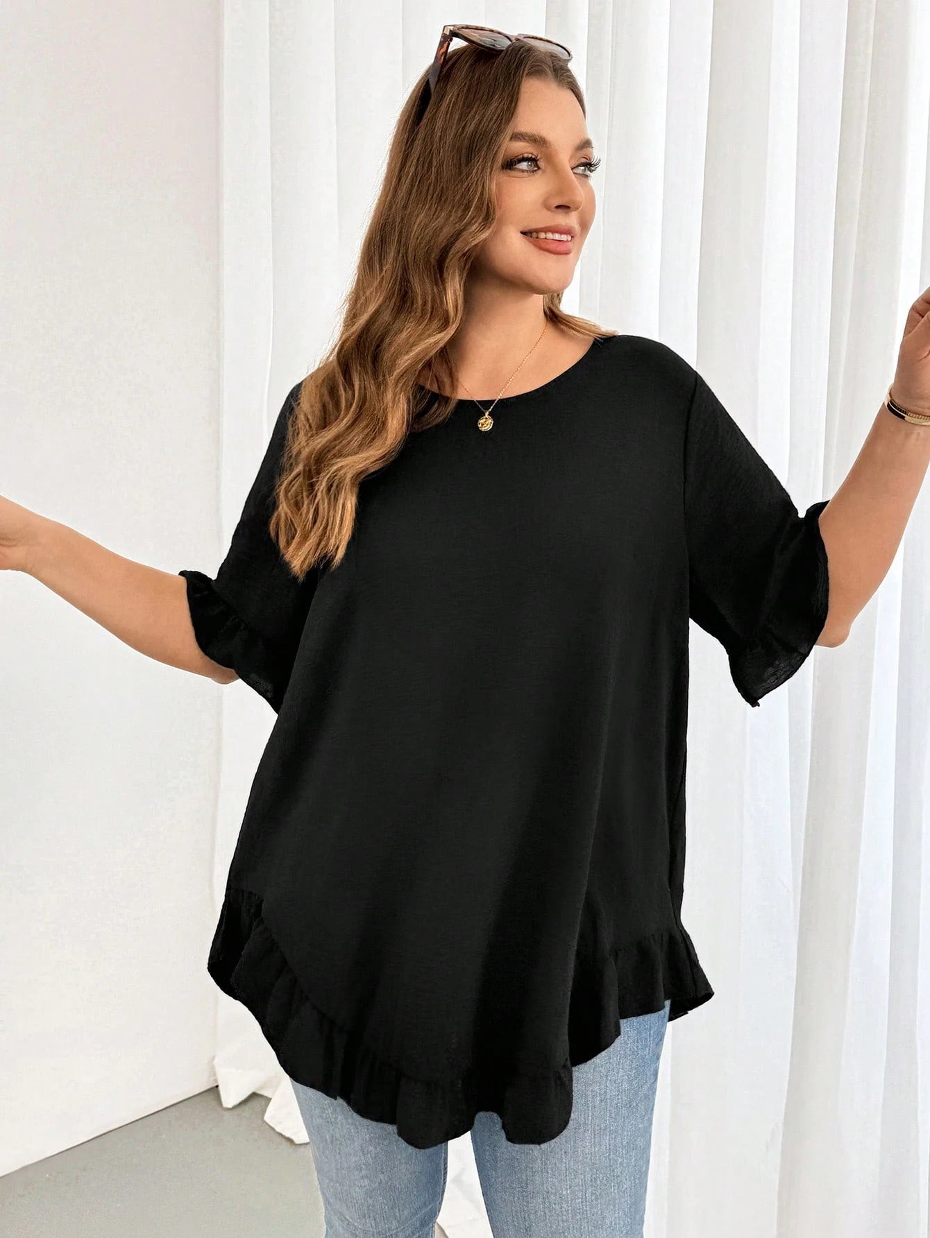 Shapeblank Plus-Size Women's Summer Black Ruffled Short-Sleeved Shirt,Fashionable Casual Loose Comfortable Curve Cute Tops,Smart Casual Everyday Work