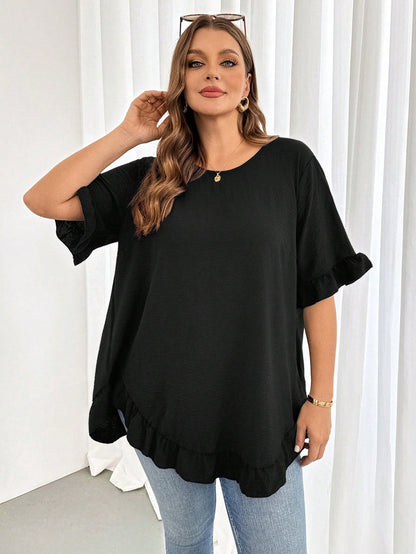 Shapeblank Plus-Size Women's Summer Black Ruffled Short-Sleeved Shirt,Fashionable Casual Loose Comfortable Curve Cute Tops,Smart Casual Everyday Work