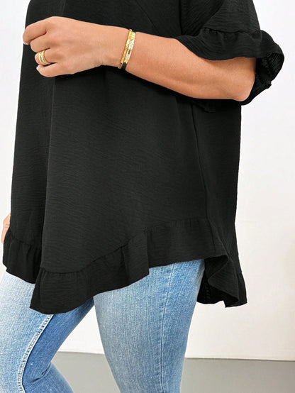 Shapeblank Plus-Size Women's Summer Black Ruffled Short-Sleeved Shirt,Fashionable Casual Loose Comfortable Curve Cute Tops,Smart Casual Everyday Work