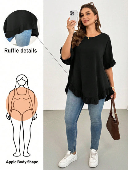 Shapeblank Plus-Size Women's Summer Black Ruffled Short-Sleeved Shirt,Fashionable Casual Loose Comfortable Curve Cute Tops,Smart Casual Everyday Work