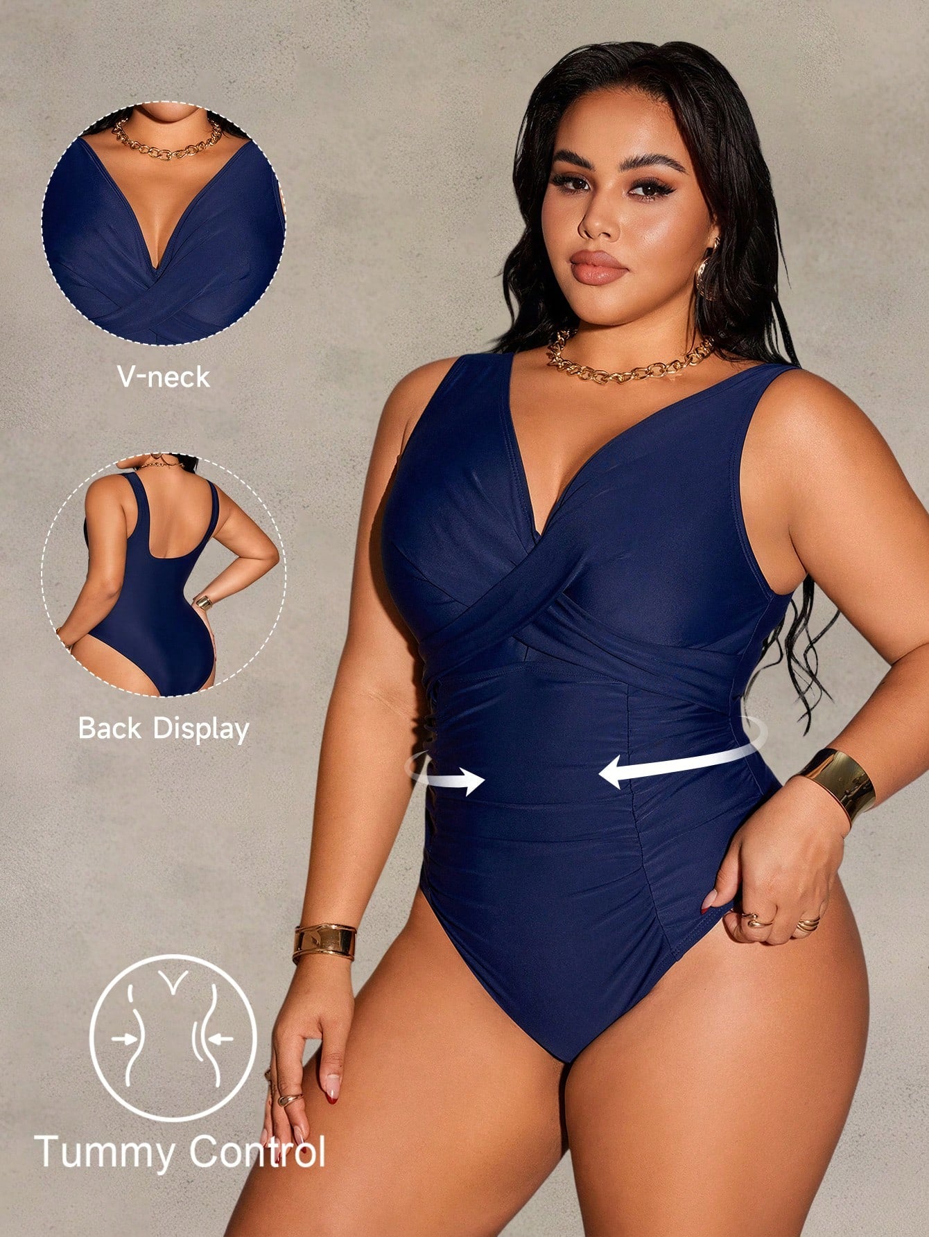 Shapewave 2026 New Summer Beach Vacation Solid Color Slimming Shaping High-Waisted Plus Size One-Piece Swimsuit
