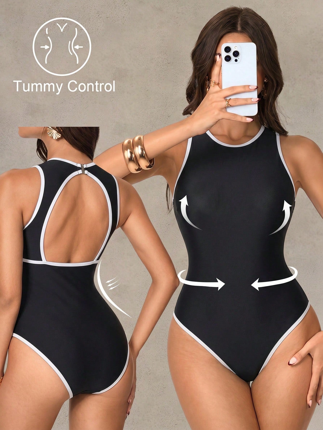 Shapewave Women's Color Block One-Piece Swimsuit, Suitable For Beach Vacation, Pool Party, Beach Party