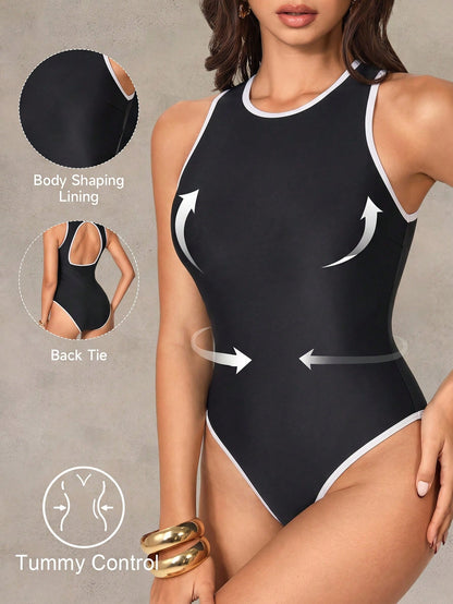 Shapewave Women's Color Block One-Piece Swimsuit, Suitable For Beach Vacation, Pool Party, Beach Party