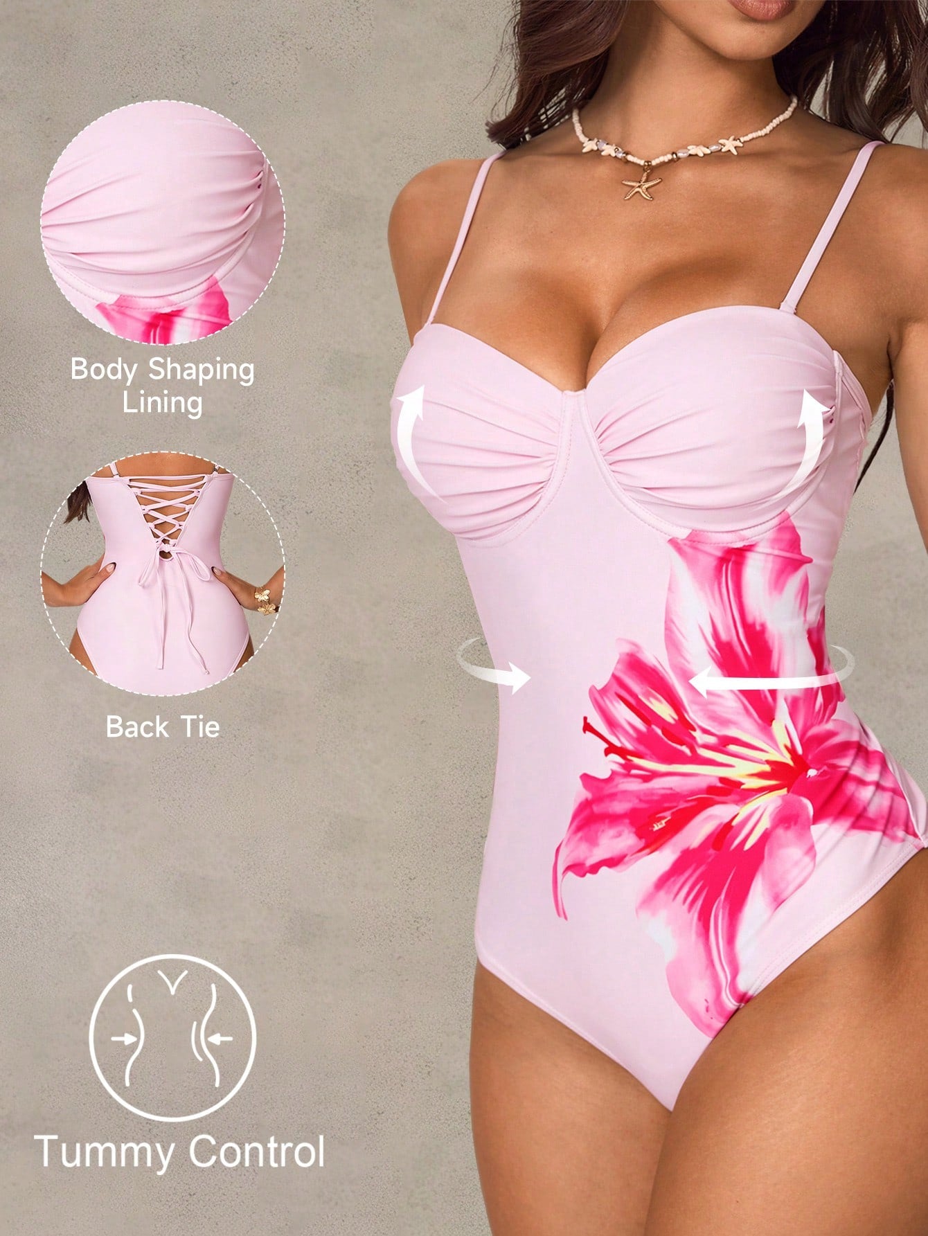 Shapewave Women's Summer Beach Floral Print Spaghetti Strap Ruched Front High Elasticity Shapewear Criss-Cross Back Casual Vacation One Piece Swimsuit