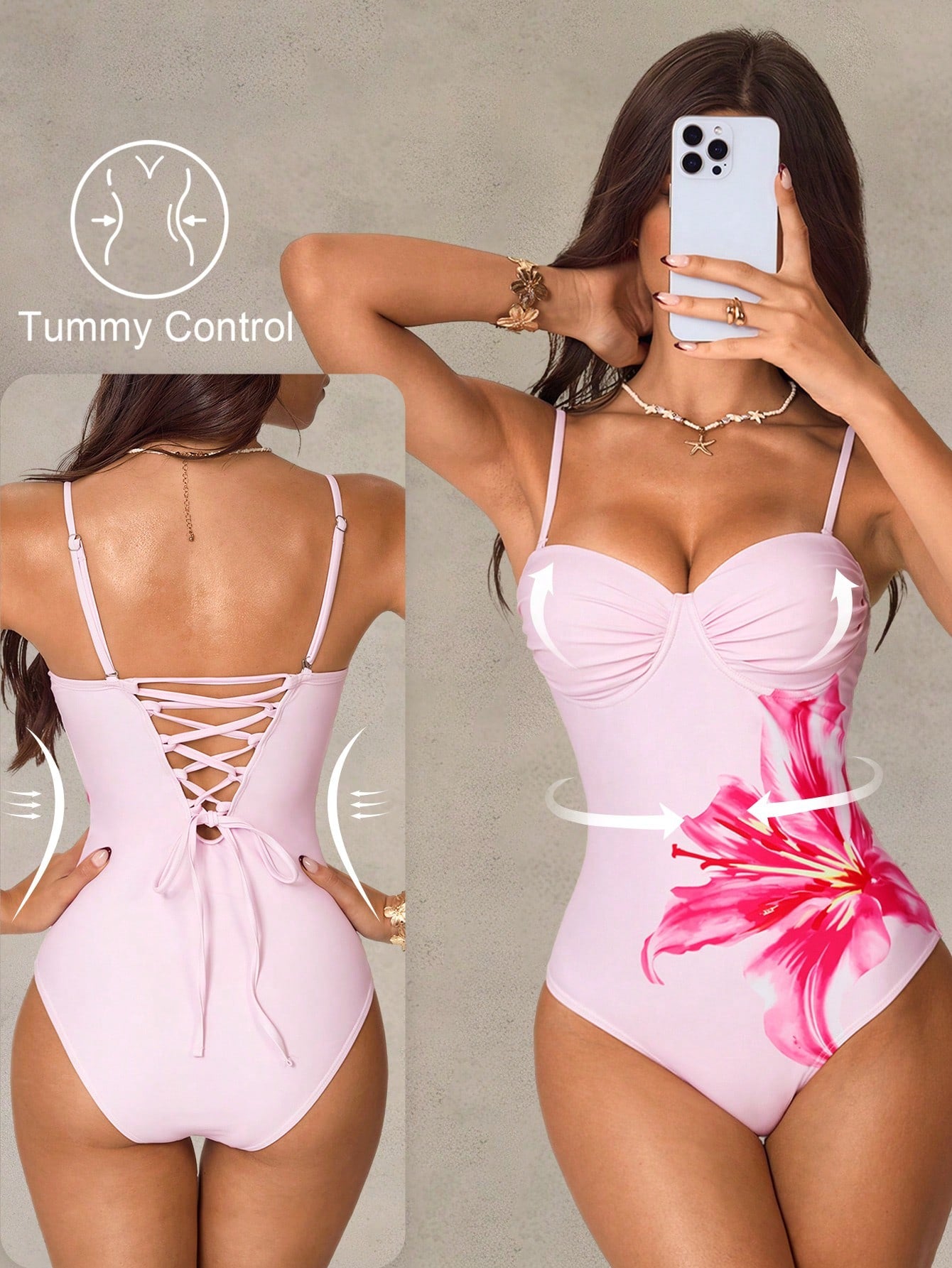 Shapewave Women's Summer Beach Floral Print Spaghetti Strap Ruched Front High Elasticity Shapewear Criss-Cross Back Casual Vacation One Piece Swimsuit