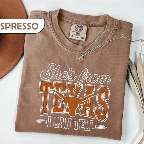 She's From Texas I Can Tell Graphic Tees Shirt Tops, Retro Western Longhorn Country Music Casual Short Sleeve Top