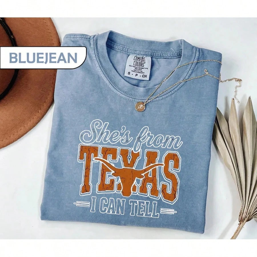 She's From Texas I Can Tell Graphic Tees Shirt Tops, Retro Western Longhorn Country Music Casual Short Sleeve Top