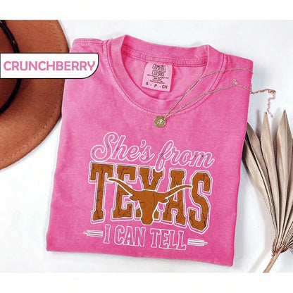She's From Texas I Can Tell Graphic Tees Shirt Tops, Retro Western Longhorn Country Music Casual Short Sleeve Top