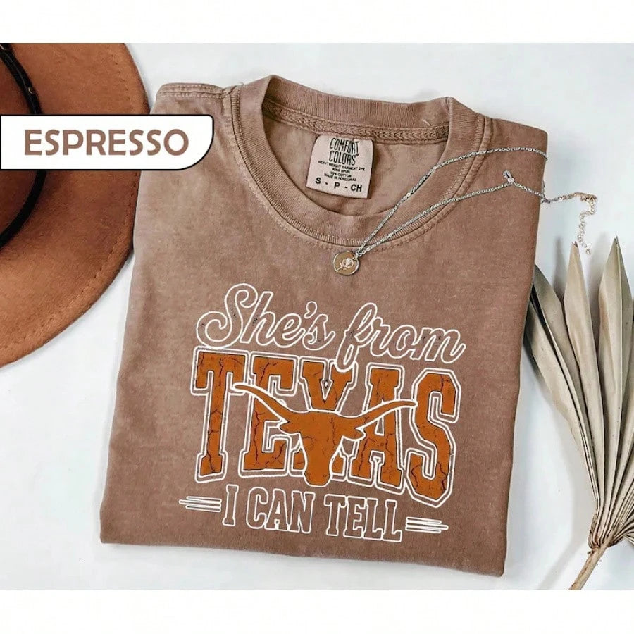She's From Texas I Can Tell Graphic Tees Shirt Tops, Retro Western Longhorn Country Music Casual Short Sleeve Top
