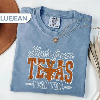 She's From Texas I Can Tell Graphic Tees Shirt Tops, Retro Western Longhorn Country Music Casual Short Sleeve Top
