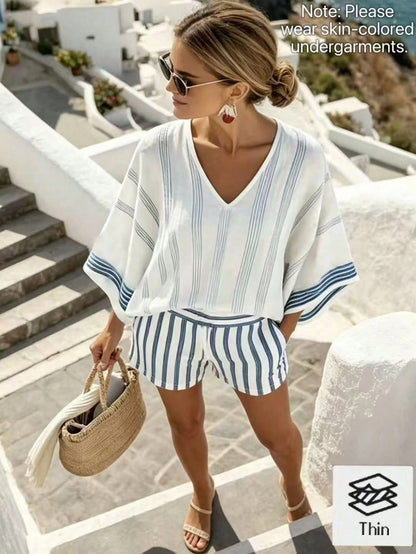 SHEIN Holidaya Summer Breezy Blue & White Striped Linen Print 2-Piece Set For Women, Loose Batwing Sleeve Top And Shorts, Slimming Casual Outfit