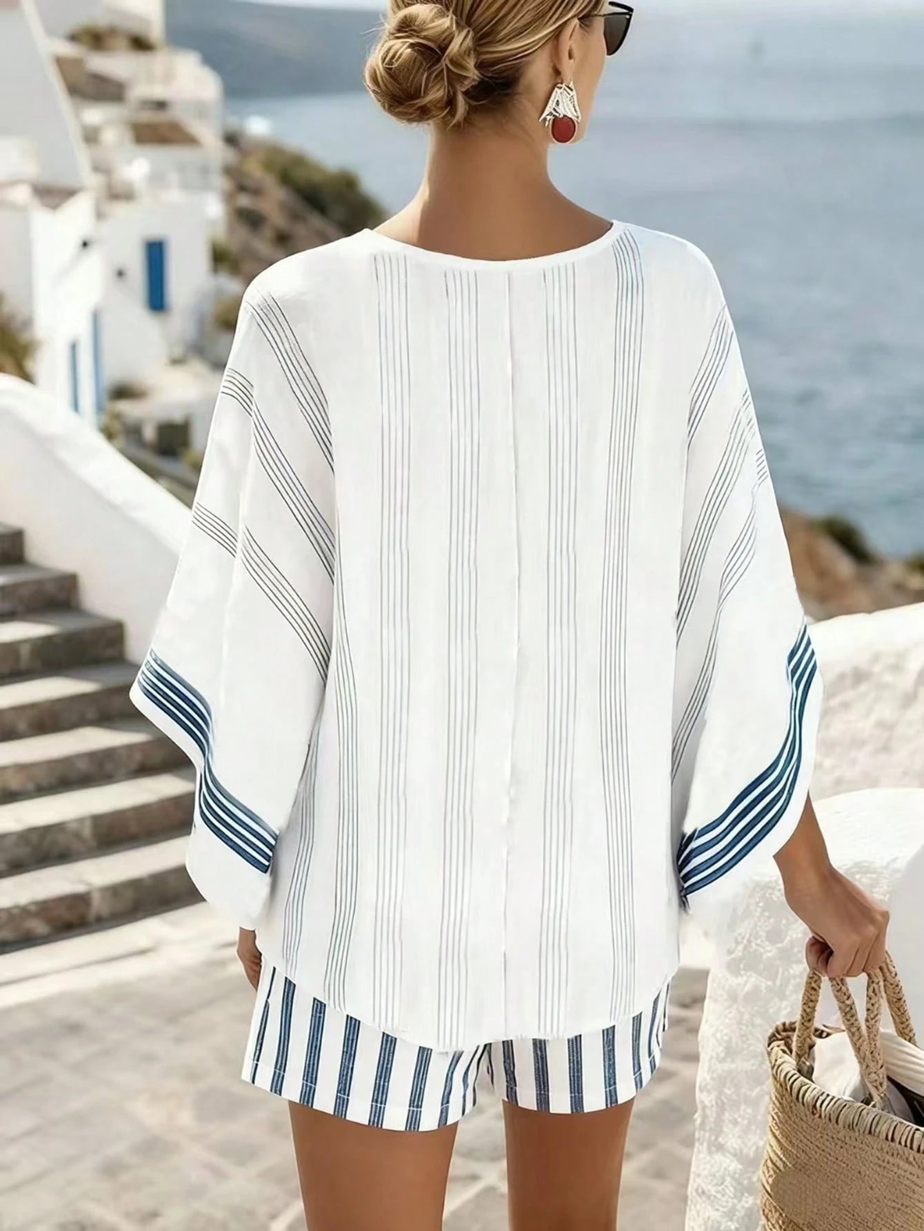 SHEIN Holidaya Summer Breezy Blue & White Striped Linen Print 2-Piece Set For Women, Loose Batwing Sleeve Top And Shorts, Slimming Casual Outfit