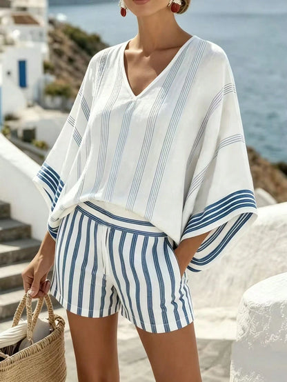 SHEIN Holidaya Summer Breezy Blue & White Striped Linen Print 2-Piece Set For Women, Loose Batwing Sleeve Top And Shorts, Slimming Casual Outfit