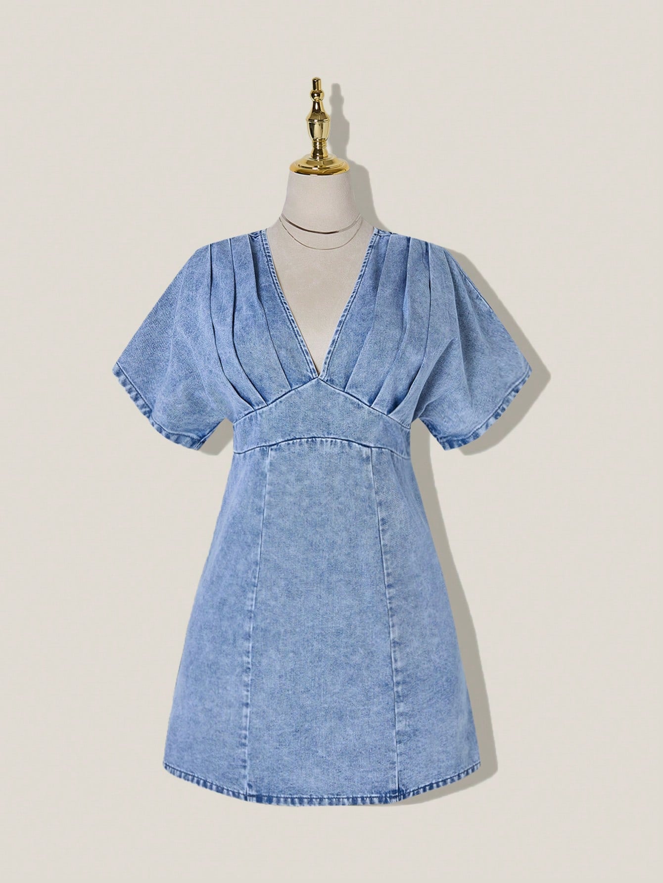 SHEIN MOD Women's Light Blue Denim Dress,Summer Casual Washed Pleated Waist V-Neck Short Sleeve Elegant Party Christmas Holiday Occasion Dresses For Women