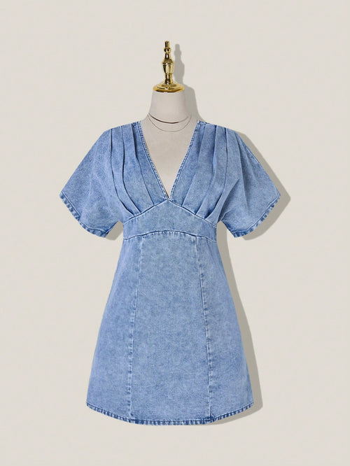 SHEIN MOD Women's Light Blue Denim Dress,Summer Casual Washed Pleated Waist V-Neck Short Sleeve Elegant Party Christmas Holiday Occasion Dresses For Women