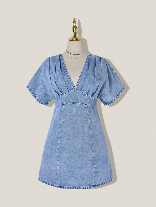 SHEIN MOD Women's Light Blue Denim Dress,Summer Casual Washed Pleated Waist V-Neck Short Sleeve Elegant Party Christmas Holiday Occasion Dresses For Women