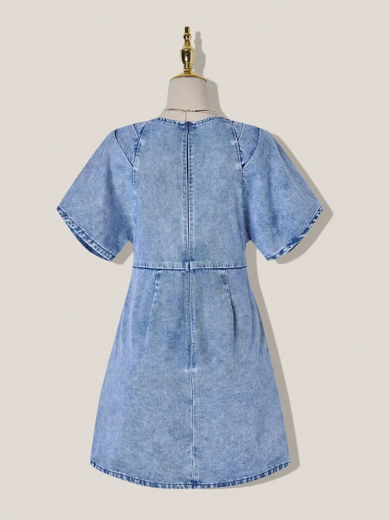 SHEIN MOD Women's Light Blue Denim Dress,Summer Casual Washed Pleated Waist V-Neck Short Sleeve Elegant Party Christmas Holiday Occasion Dresses For Women