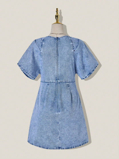 SHEIN MOD Women's Light Blue Denim Dress,Summer Casual Washed Pleated Waist V-Neck Short Sleeve Elegant Party Christmas Holiday Occasion Dresses For Women