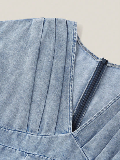 SHEIN MOD Women's Light Blue Denim Dress,Summer Casual Washed Pleated Waist V-Neck Short Sleeve Elegant Party Christmas Holiday Occasion Dresses For Women
