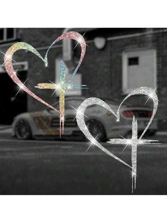 Shiny Heart Cross Vinyl Sticker- Suitable For Cars, Trucks, Walls, Laptops, Etc.- Strong Adhesive, Reusable, Brilliant Shine
