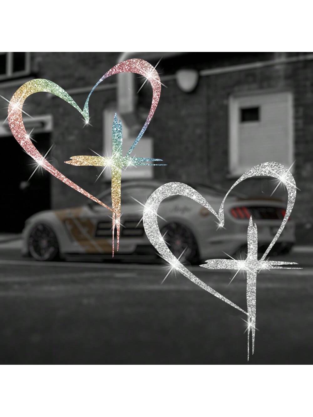 Shiny Heart Cross Vinyl Sticker- Suitable For Cars, Trucks, Walls, Laptops, Etc.- Strong Adhesive, Reusable, Brilliant Shine