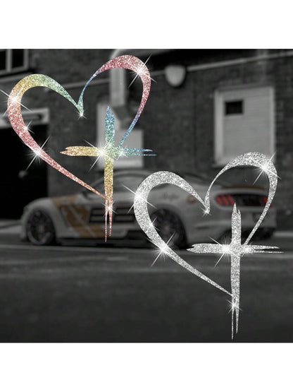 Shiny Heart Cross Vinyl Sticker- Suitable For Cars, Trucks, Walls, Laptops, Etc.- Strong Adhesive, Reusable, Brilliant Shine