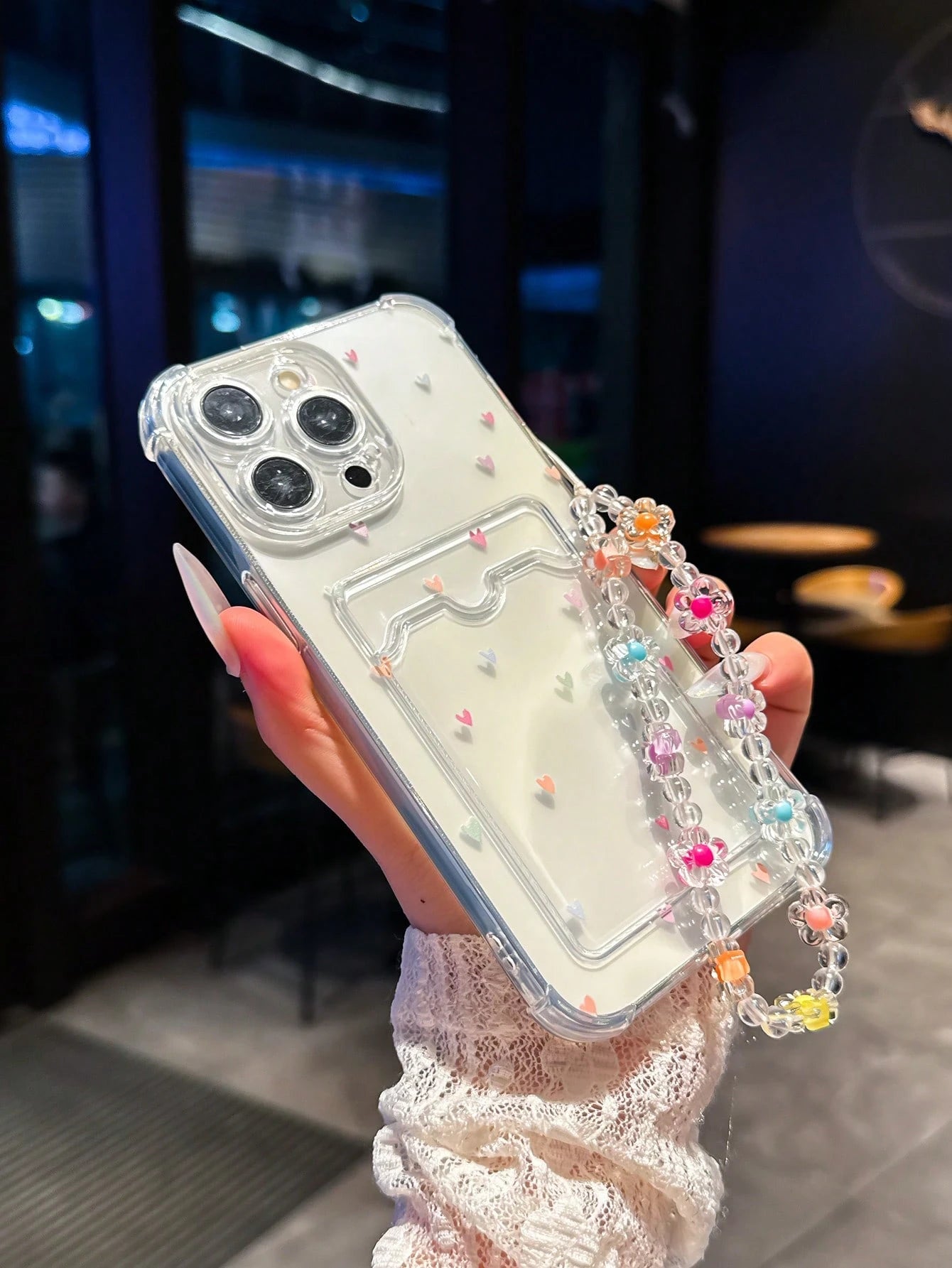 Shockproof Heart-Shaped Element Cardholder Phone Case Colorful Heart-Shaped Card Holder Anti-Drop Phone Case Comes With A Beaded Wrist Strap Lanyard, Compatible With IPhone Apple 14 Pro Max, 13, 15, 1